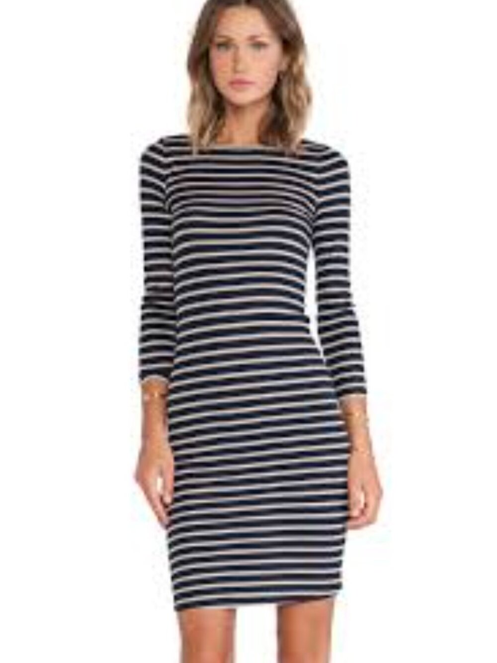 BCBGMAXAZRIA Blue and Tan Striped 3/4 Sleeve Fitted Silhouette Knit Dress Size S